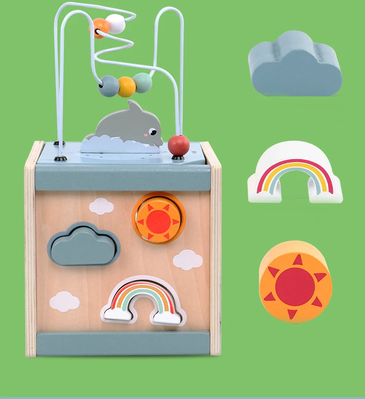 Wooden Activity Cube for Toddlers 5in1 Animal Shape Sorter Bead Maze Montessori Educational Toys Baby 6-12 Months Learning Toys