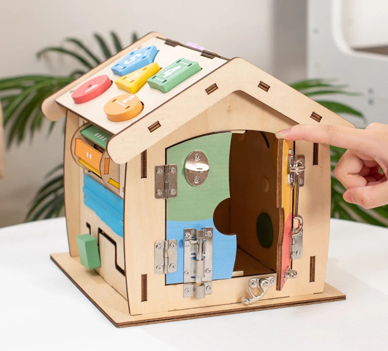 Kids Wooden Montessori House Educational Toy Busy Board Activity Object Permanence Box Fine Motor Skill Sensory Toys for Toddler
