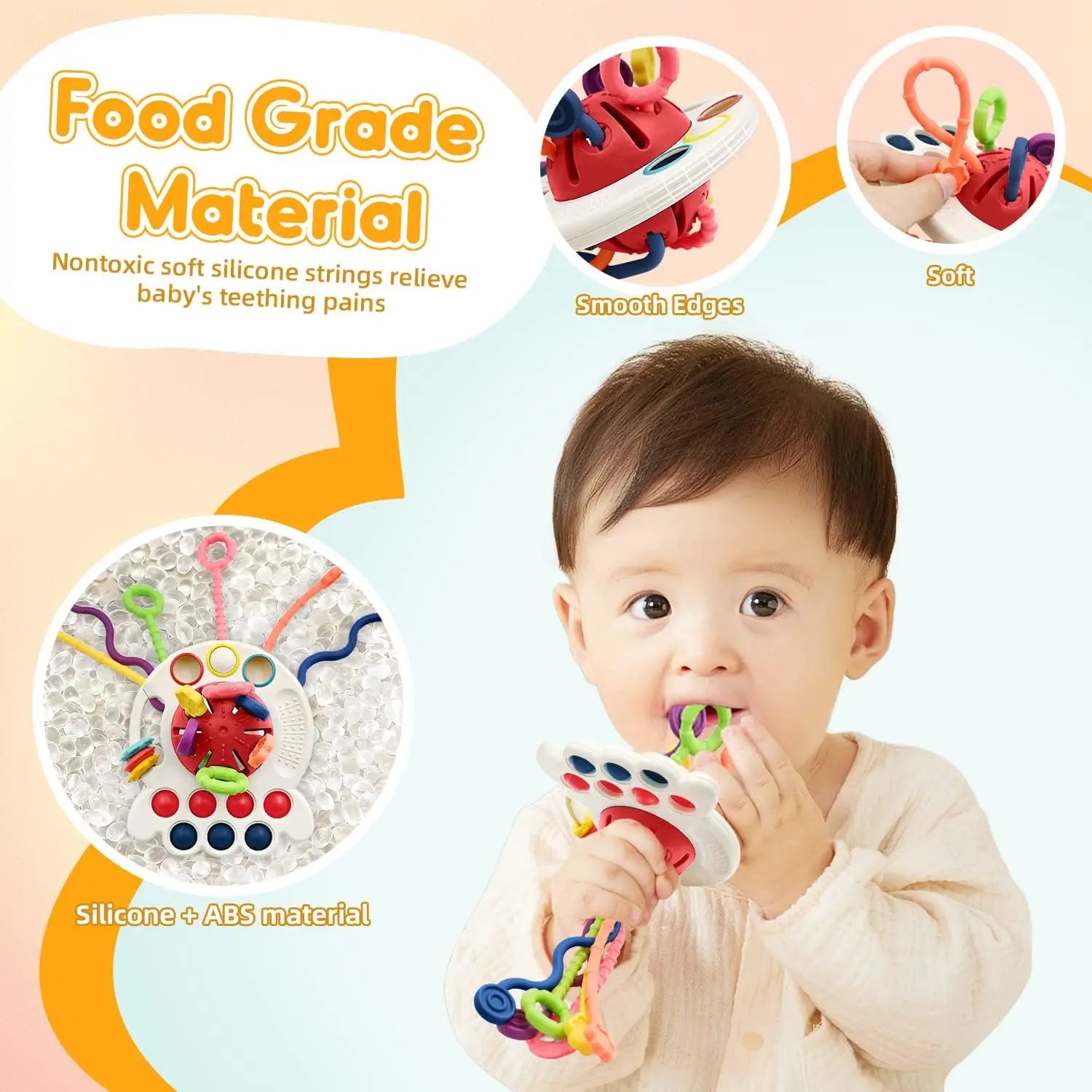 High Quality Soft Diy Stacking Building 3D Rubber Block Rings Pull String Block Baby Teething Toy Silicone Sensory Toys Set