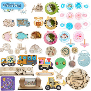 DIY Montessori Busy Board Wooden Accessories Hand Pulled Wheel Gear Drum Car Board Castle Early Educational Toy For Childre Gift