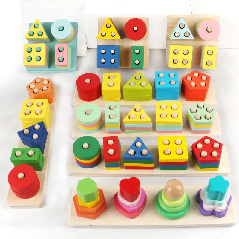 Wooden Montessori Toy Building Blocks Early Learning Educational Toys Color Shape Match Kids Puzzle Toys For Children Boys Girls