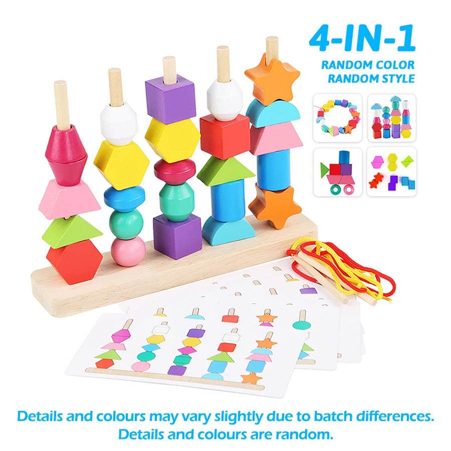 Montessori Wooden Beads Sequencing Toy Stacking Blocks & Lacing Beads & Matching Shape Stacker Montessori Learning Toys Gifts