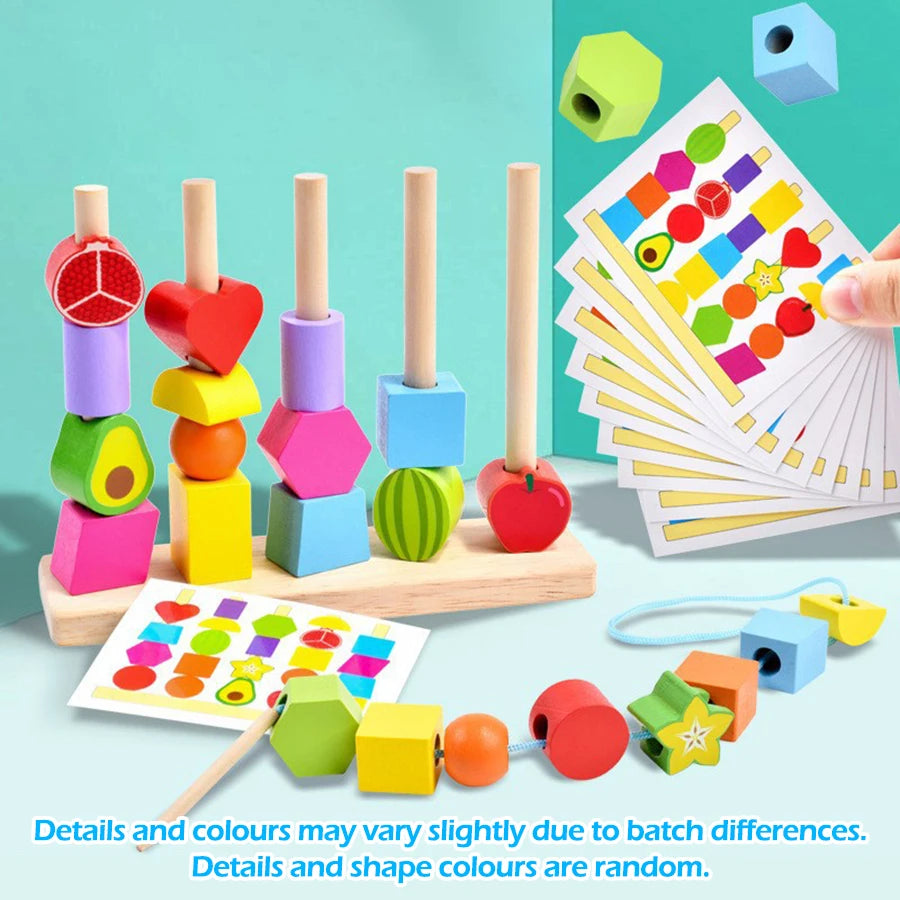 Montessori Wooden Beads Sequencing Toy Stacking Blocks & Lacing Beads & Matching Shape Stacker Montessori Learning Toys Gifts