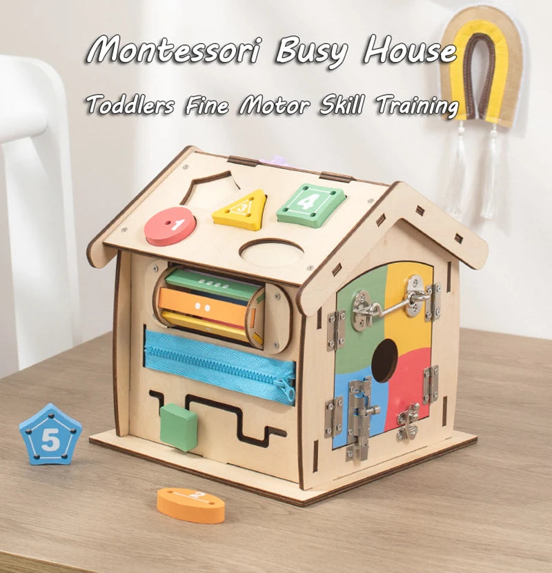 Kids Wooden Montessori House Educational Toy Busy Board Activity Object Permanence Box Fine Motor Skill Sensory Toys for Toddler