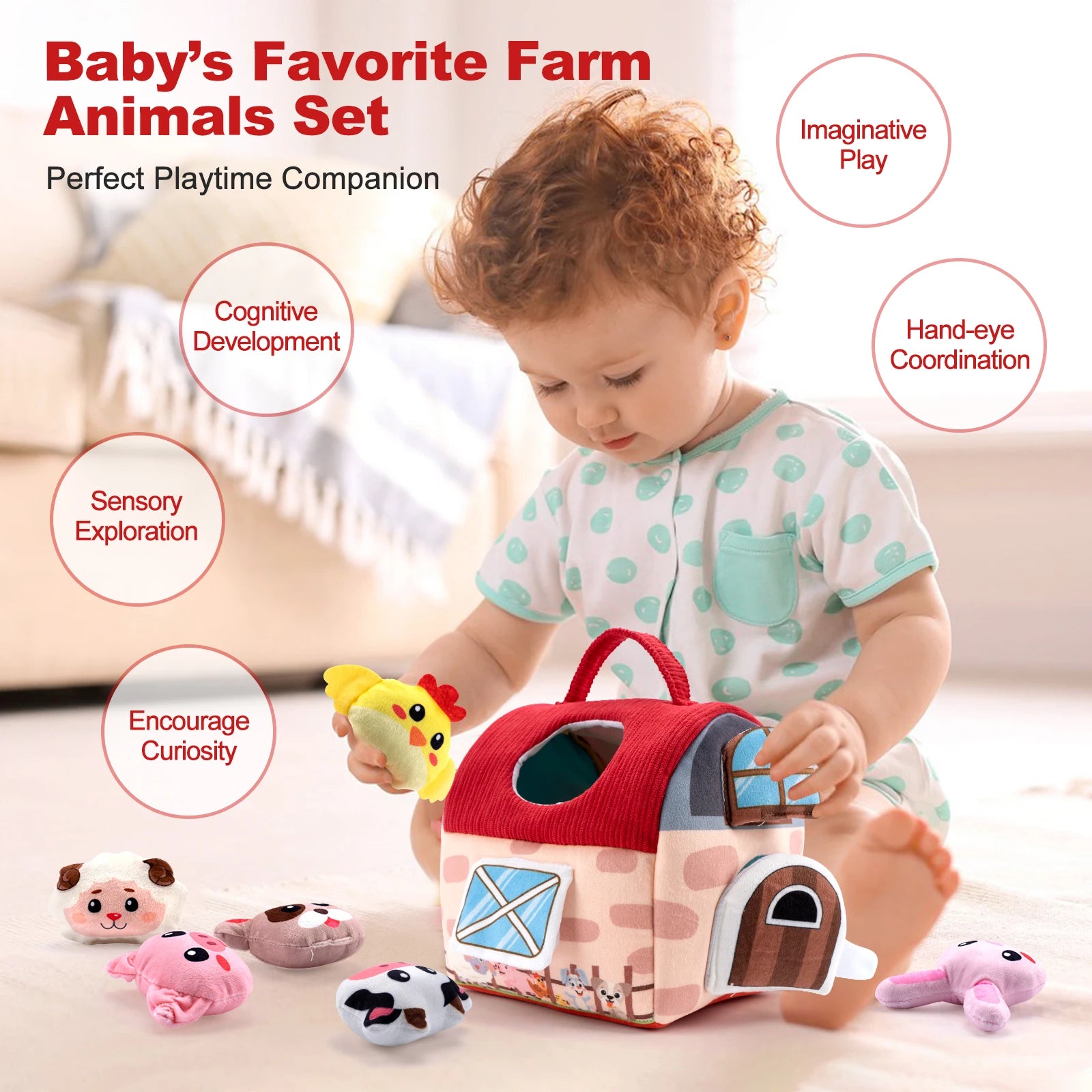 Baby Soft Plush Animals Farm Simulated Farm Animals House Set with Sound Animals Cognition Hand-eye Coordination Training Toys