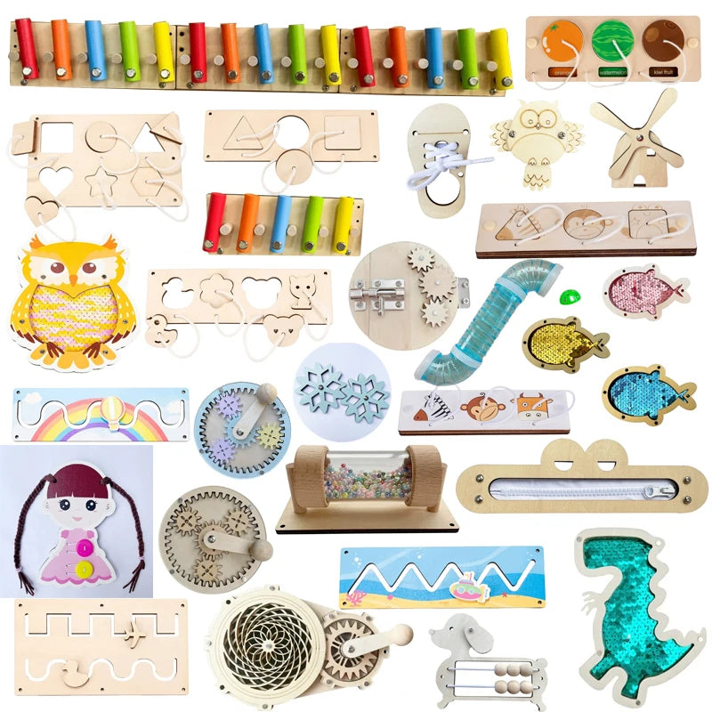 DIY Montessori Busy Board Material Accessories Rainbow Card Water Pipe Aid Early Education Learning Skill Toy Wooden Toys Gifts