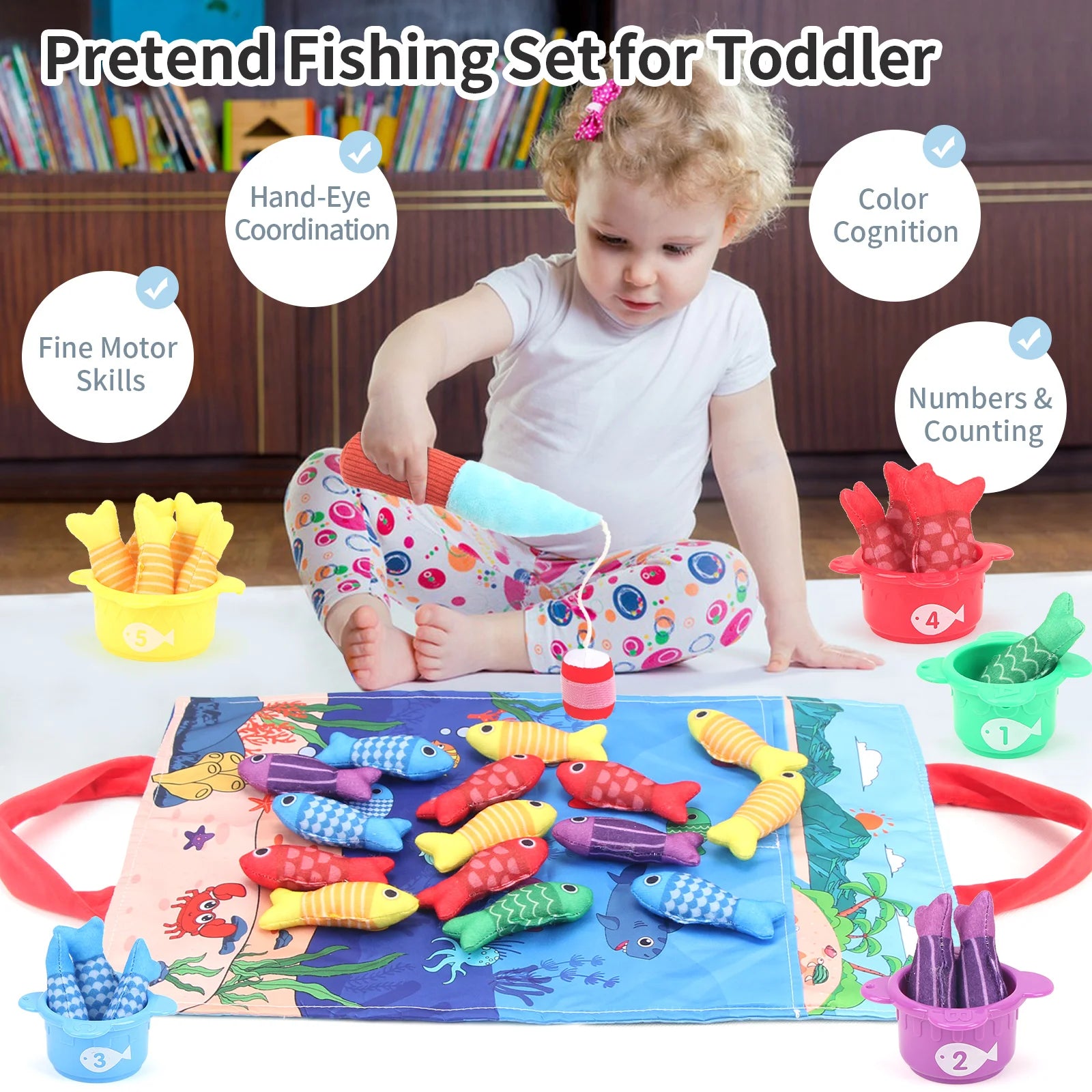 Baby Fishing Toys Plush Little Fishpond Set Simulating Fishing Games Number Color Cognition Fine Motor Training Montessori Toys