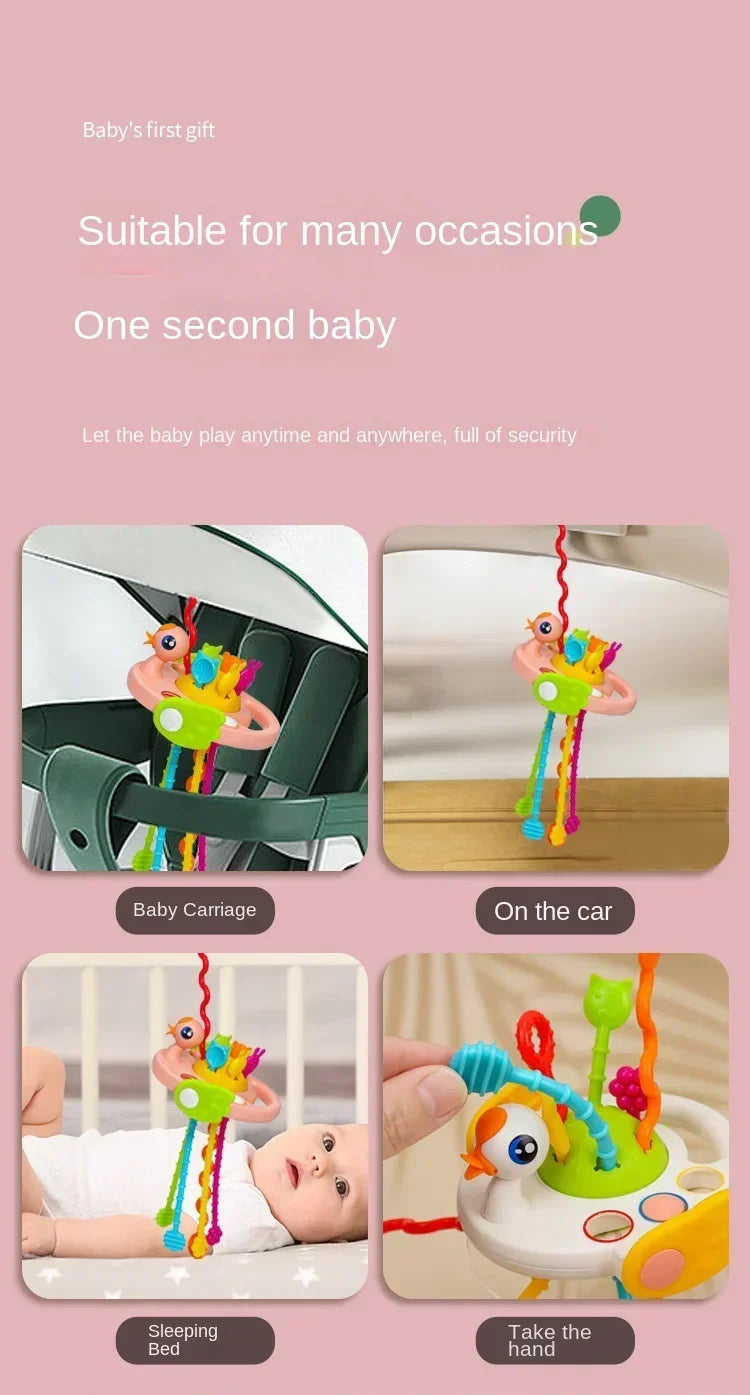 Cartoon Duck Astronaut Pull String Montessori Activity Development Silicone Teething Sensory Grip Training Early Educational Toy