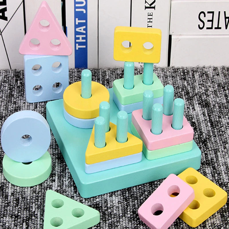 Wooden Montessori Toy Building Blocks Early Learning Educational Toys Color Shape Match Kids Puzzle Toys For Children Boys Girls