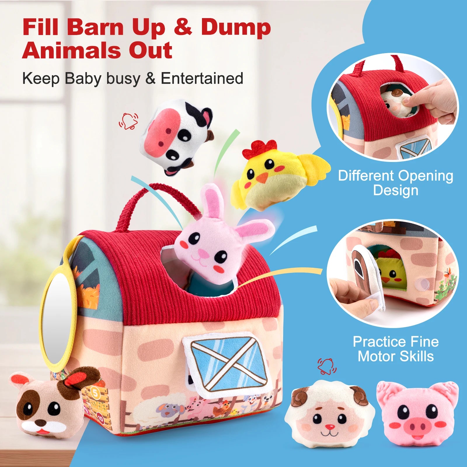 Baby Soft Plush Animals Farm Simulated Farm Animals House Set with Sound Animals Cognition Hand-eye Coordination Training Toys