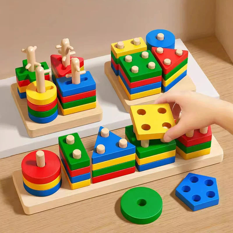 Wooden Montessori Toy Building Blocks Early Learning Educational Toys Color Shape Match Kids Puzzle Toys For Children Boys Girls