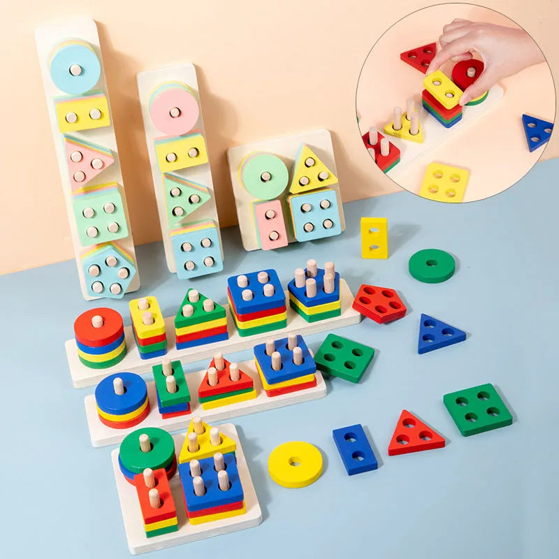 Wooden Montessori Toy Building Blocks Early Learning Educational Toys Color Shape Match Kids Puzzle Toys For Children Boys Girls