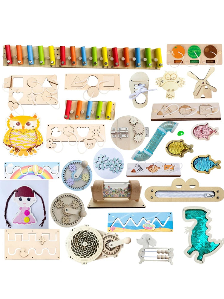 DIY Montessori Busy Board Material Accessories Rainbow Card Water Pipe Aid Early Education Learning Skill Toy Wooden Toys Gifts
