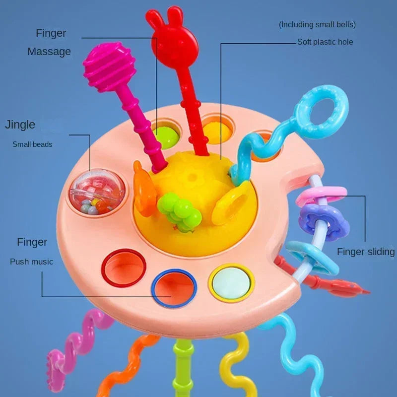 Cartoon Duck Astronaut Pull String Montessori Activity Development Silicone Teething Sensory Grip Training Early Educational Toy