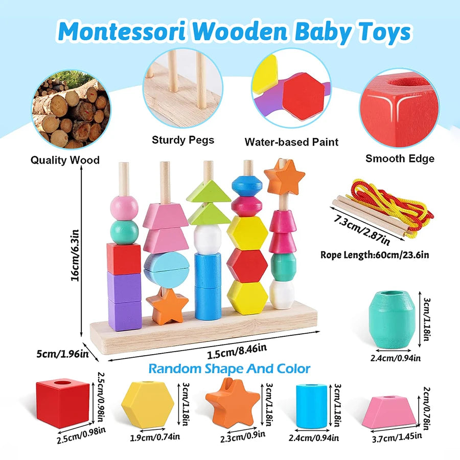 Montessori Wooden Beads Sequencing Toy Stacking Blocks & Lacing Beads & Matching Shape Stacker Montessori Learning Toys Gifts