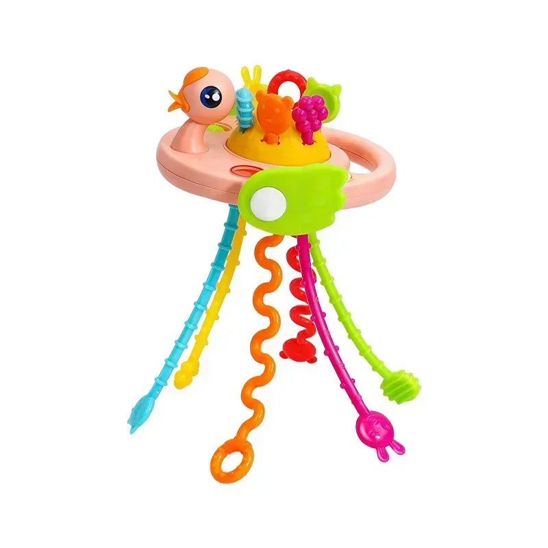 Cartoon Duck Astronaut Pull String Montessori Activity Development Silicone Teething Sensory Grip Training Early Educational Toy