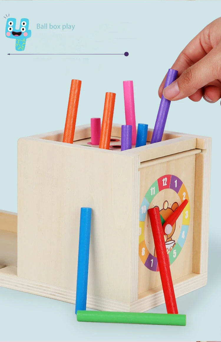 6-in-1 Montessori Wooden Toy Play Set - Object Permanence Box, Coin Box, Shape Sorter & Ball Drop