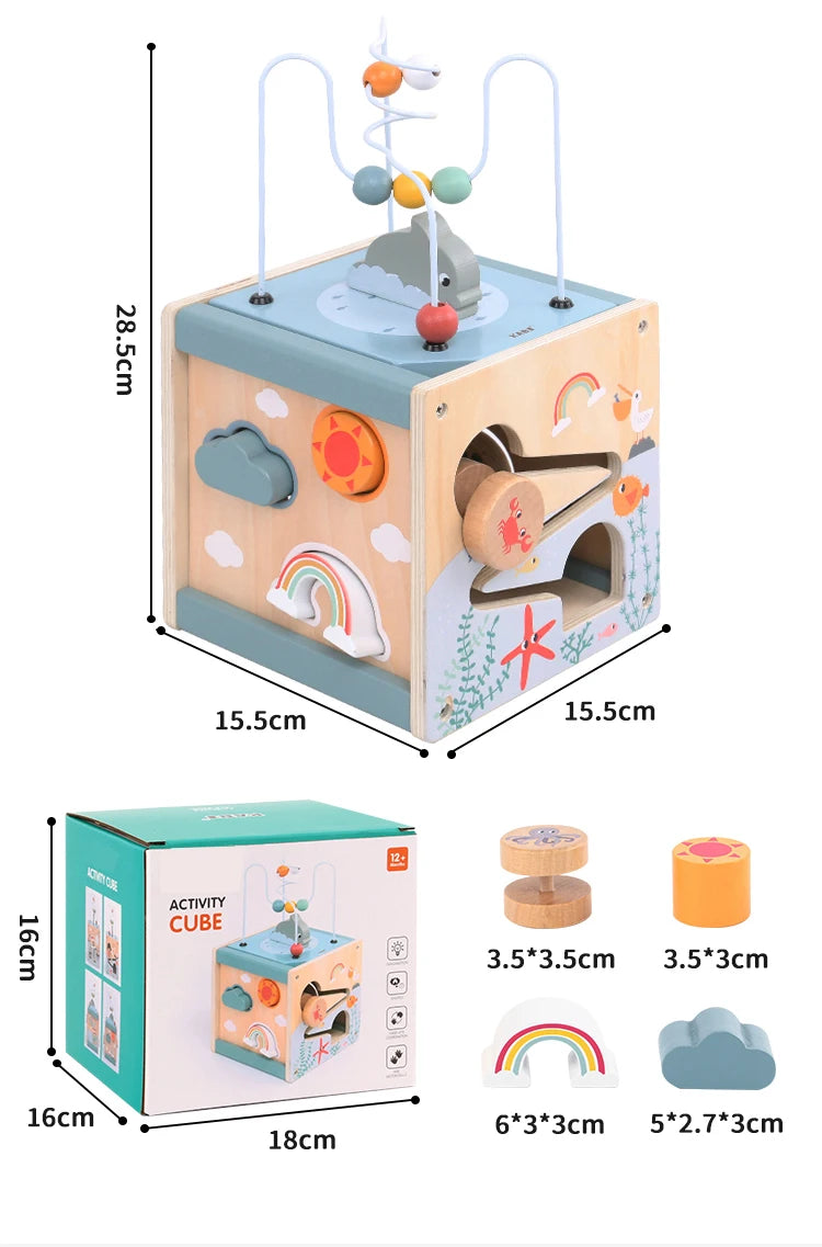 Wooden Activity Cube for Toddlers 5in1 Animal Shape Sorter Bead Maze Montessori Educational Toys Baby 6-12 Months Learning Toys