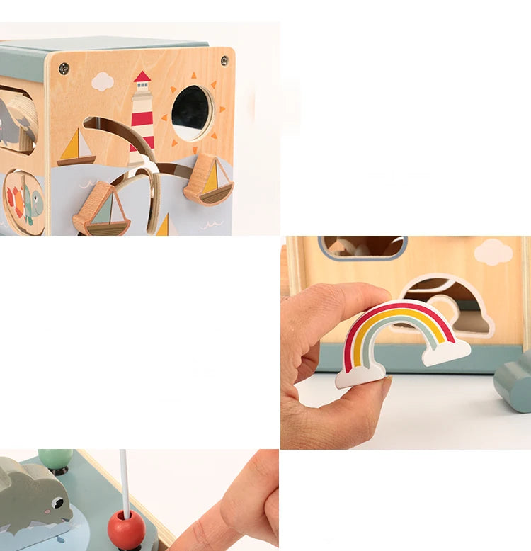 Wooden Activity Cube for Toddlers 5in1 Animal Shape Sorter Bead Maze Montessori Educational Toys Baby 6-12 Months Learning Toys