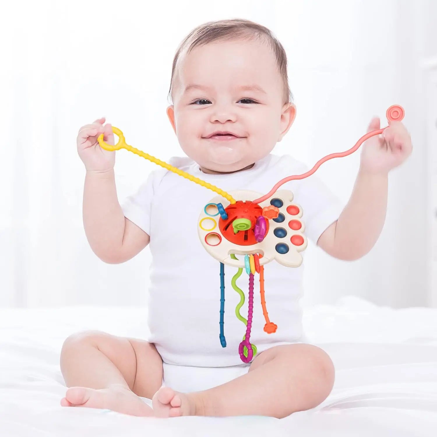 High Quality Soft Diy Stacking Building 3D Rubber Block Rings Pull String Block Baby Teething Toy Silicone Sensory Toys Set