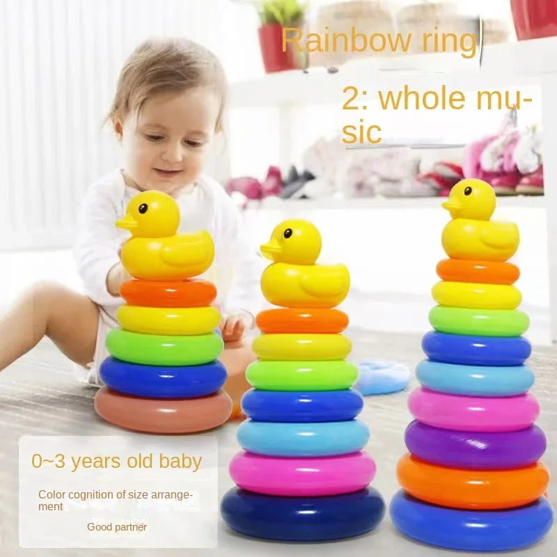 Infant Rainbow Stacking Toys for 0-3 Years - Developmental Puzzle Rings with Cute Duck Design