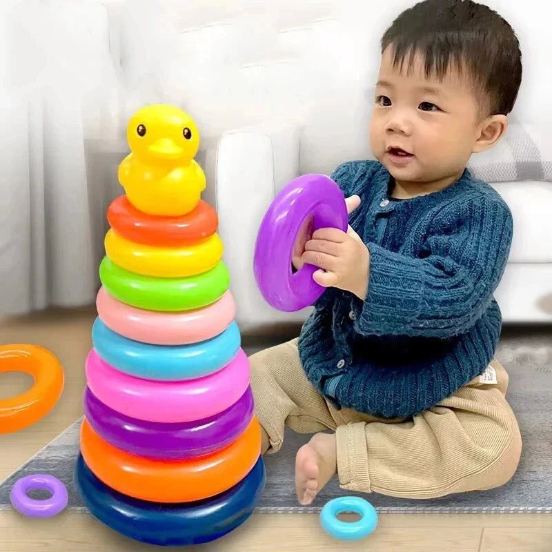 Montessori Rotating Rainbow Tower Baby stacking Puzzle Toys Children Develop Motor Skills Game Spinning Stacking Toys Kids Gift