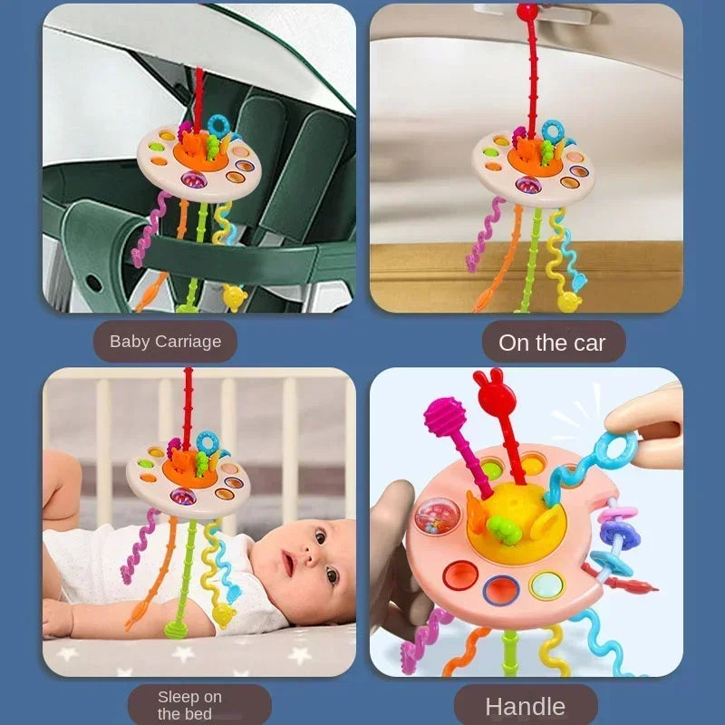 Cartoon Duck Astronaut Pull String Montessori Activity Development Silicone Teething Sensory Grip Training Early Educational Toy