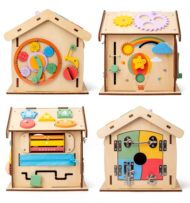 Kids Wooden Montessori House Educational Toy Busy Board Activity Object Permanence Box Fine Motor Skill Sensory Toys for Toddler