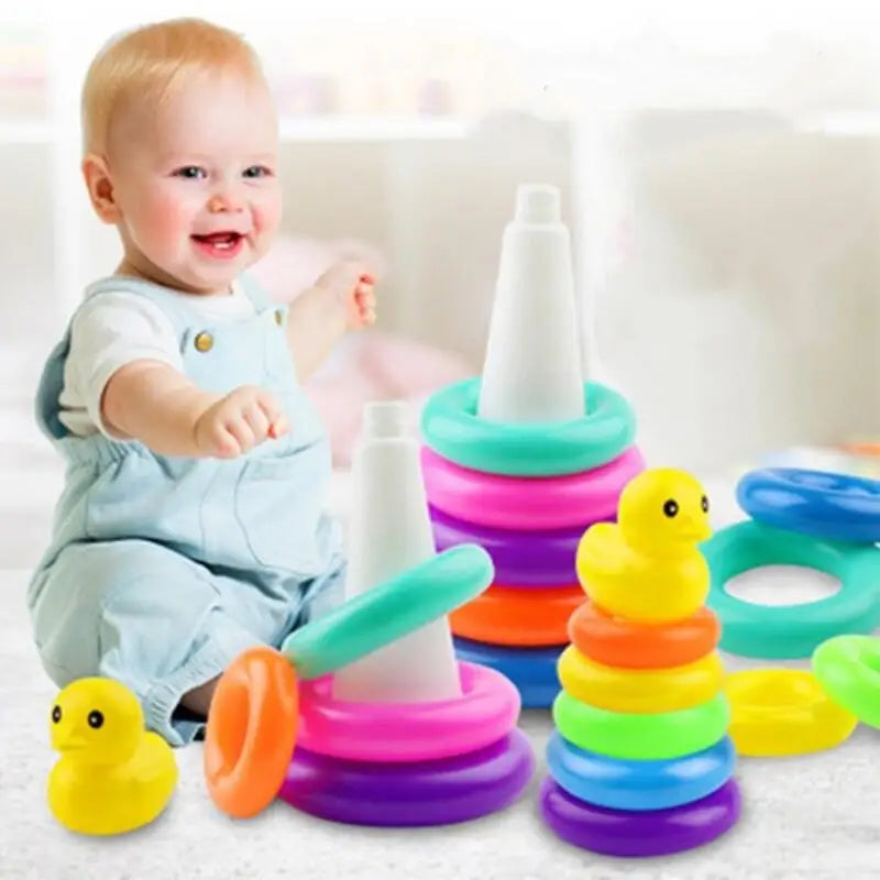 Infant Rainbow Stacking Toys for 0-3 Years - Developmental Puzzle Rings with Cute Duck Design