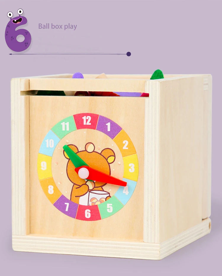 6-in-1 Montessori Wooden Toy Play Set - Object Permanence Box, Coin Box, Shape Sorter & Ball Drop