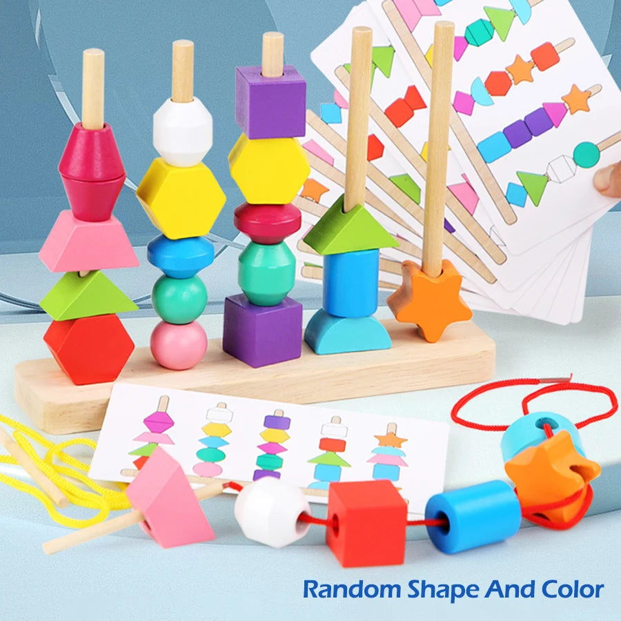 Montessori Wooden Beads Sequencing Toy Stacking Blocks & Lacing Beads & Matching Shape Stacker Montessori Learning Toys Gifts