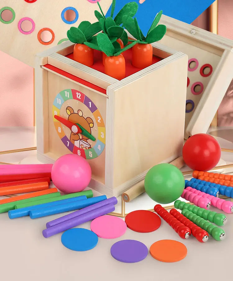 6-in-1 Montessori Wooden Toy Play Set - Object Permanence Box, Coin Box, Shape Sorter & Ball Drop