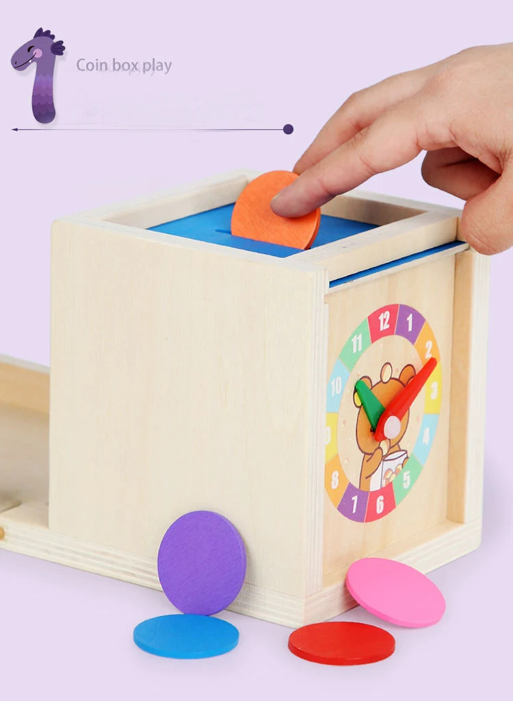 6-in-1 Montessori Wooden Toy Play Set - Object Permanence Box, Coin Box, Shape Sorter & Ball Drop