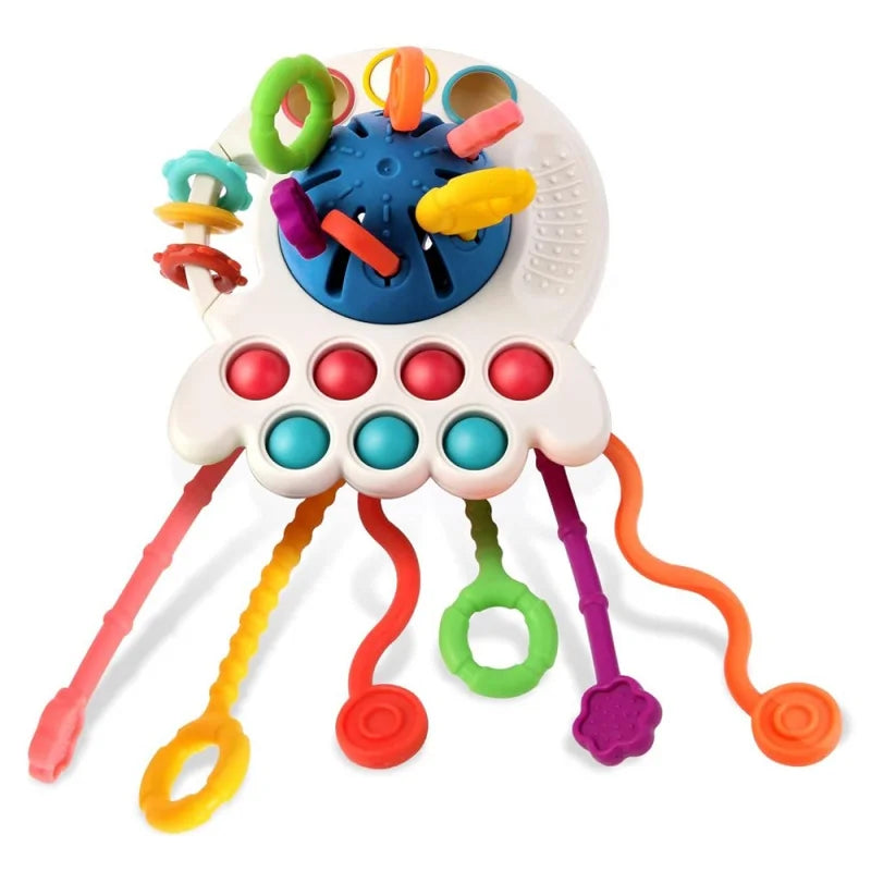 High Quality Soft Diy Stacking Building 3D Rubber Block Rings Pull String Block Baby Teething Toy Silicone Sensory Toys Set