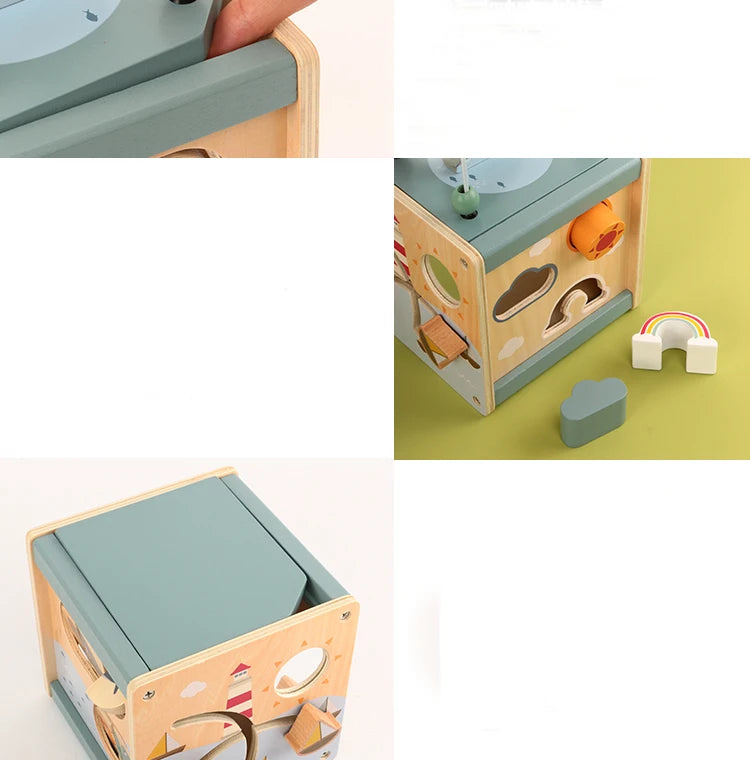 Wooden Activity Cube for Toddlers 5in1 Animal Shape Sorter Bead Maze Montessori Educational Toys Baby 6-12 Months Learning Toys