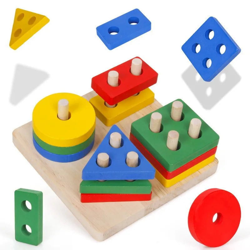 Wooden Montessori Toy Building Blocks Early Learning Educational Toys Color Shape Match Kids Puzzle Toys For Children Boys Girls