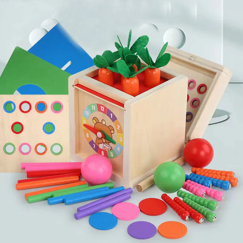 6-in-1 Montessori Wooden Toy Play Set - Object Permanence Box, Coin Box, Shape Sorter & Ball Drop