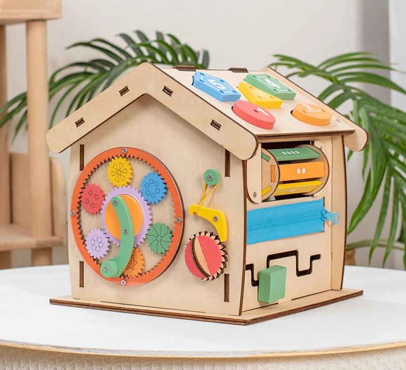 Kids Wooden Montessori House Educational Toy Busy Board Activity Object Permanence Box Fine Motor Skill Sensory Toys for Toddler
