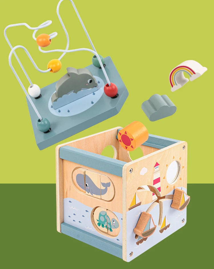 Wooden Activity Cube for Toddlers 5in1 Animal Shape Sorter Bead Maze Montessori Educational Toys Baby 6-12 Months Learning Toys