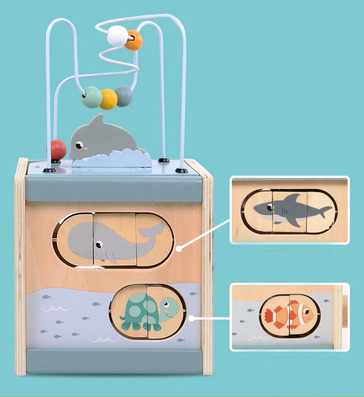 Wooden Activity Cube for Toddlers 5in1 Animal Shape Sorter Bead Maze Montessori Educational Toys Baby 6-12 Months Learning Toys