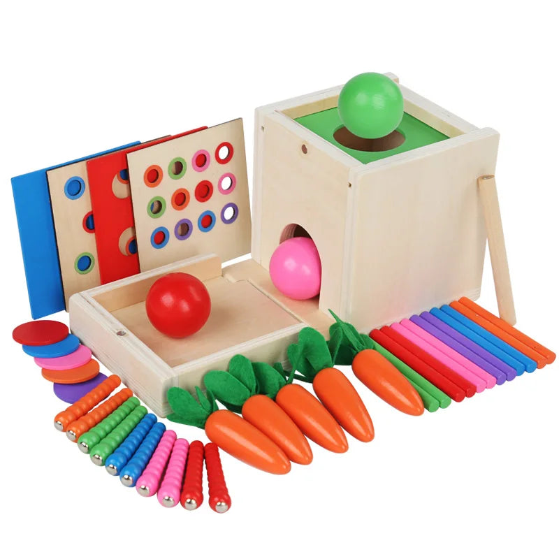 6-in-1 Montessori Wooden Toy Play Set - Object Permanence Box, Coin Box, Shape Sorter & Ball Drop