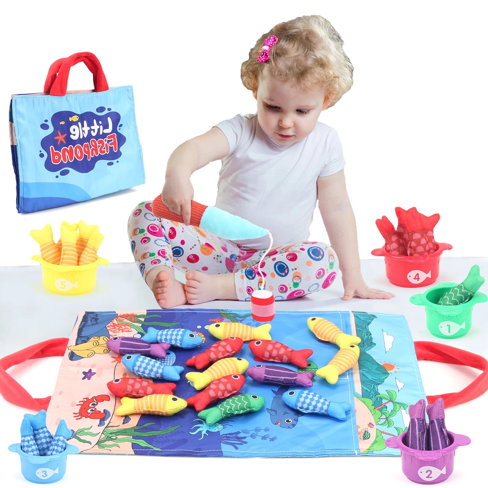 Baby Fishing Toys Plush Little Fishpond Set Simulating Fishing Games Number Color Cognition Fine Motor Training Montessori Toys