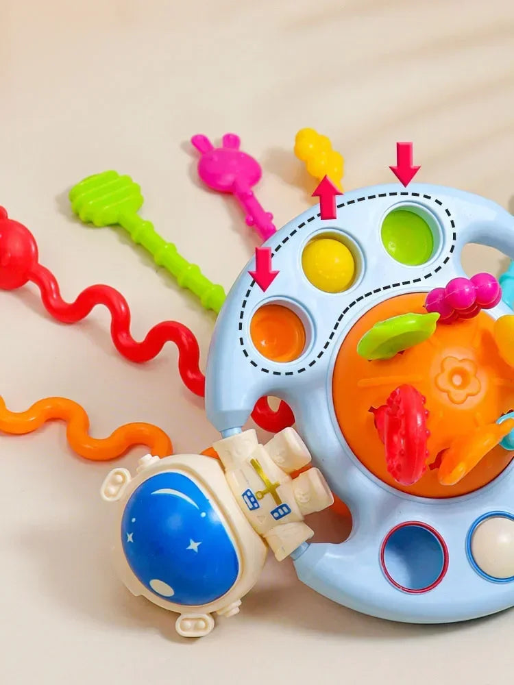 Cartoon Duck Astronaut Pull String Montessori Activity Development Silicone Teething Sensory Grip Training Early Educational Toy