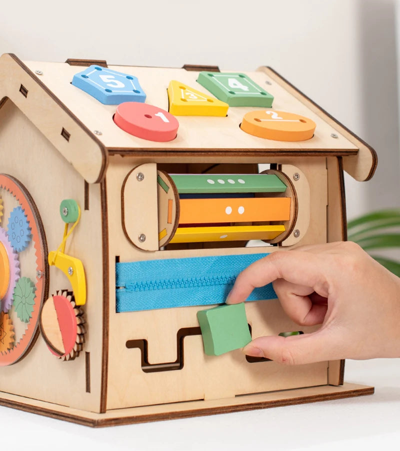 Kids Wooden Montessori House Educational Toy Busy Board Activity Object Permanence Box Fine Motor Skill Sensory Toys for Toddler