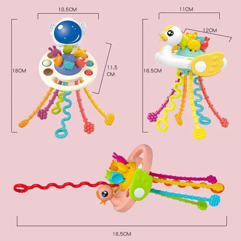 Cartoon Duck Astronaut Pull String Montessori Activity Development Silicone Teething Sensory Grip Training Early Educational Toy