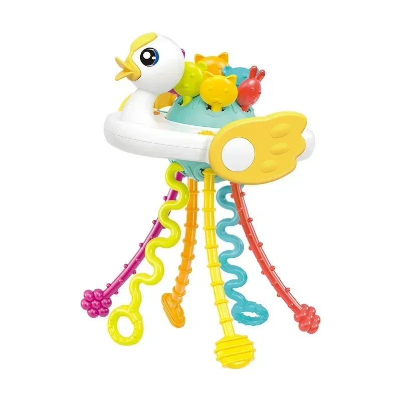 Cartoon Duck Astronaut Pull String Montessori Activity Development Silicone Teething Sensory Grip Training Early Educational Toy