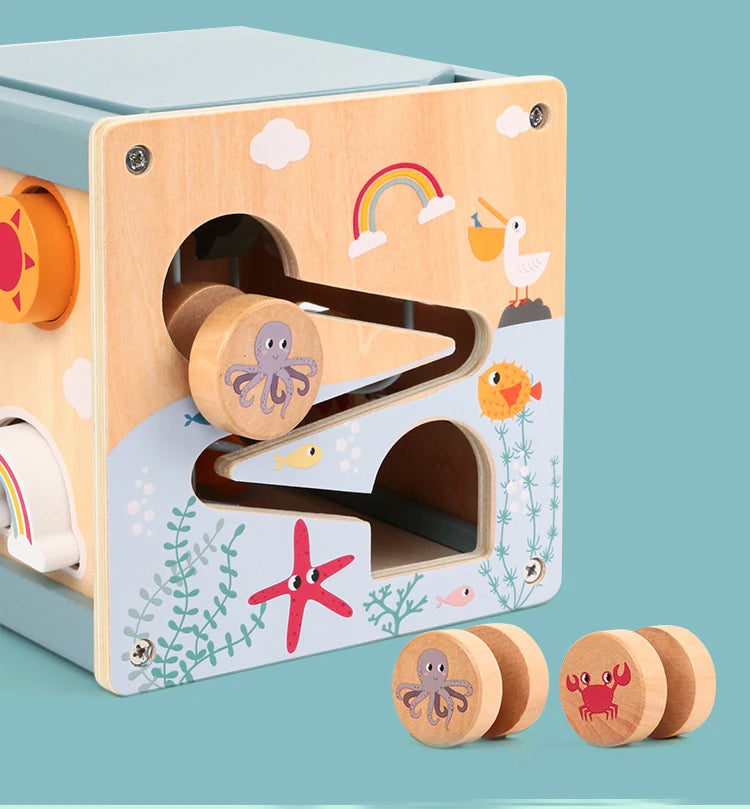 Wooden Activity Cube for Toddlers 5in1 Animal Shape Sorter Bead Maze Montessori Educational Toys Baby 6-12 Months Learning Toys