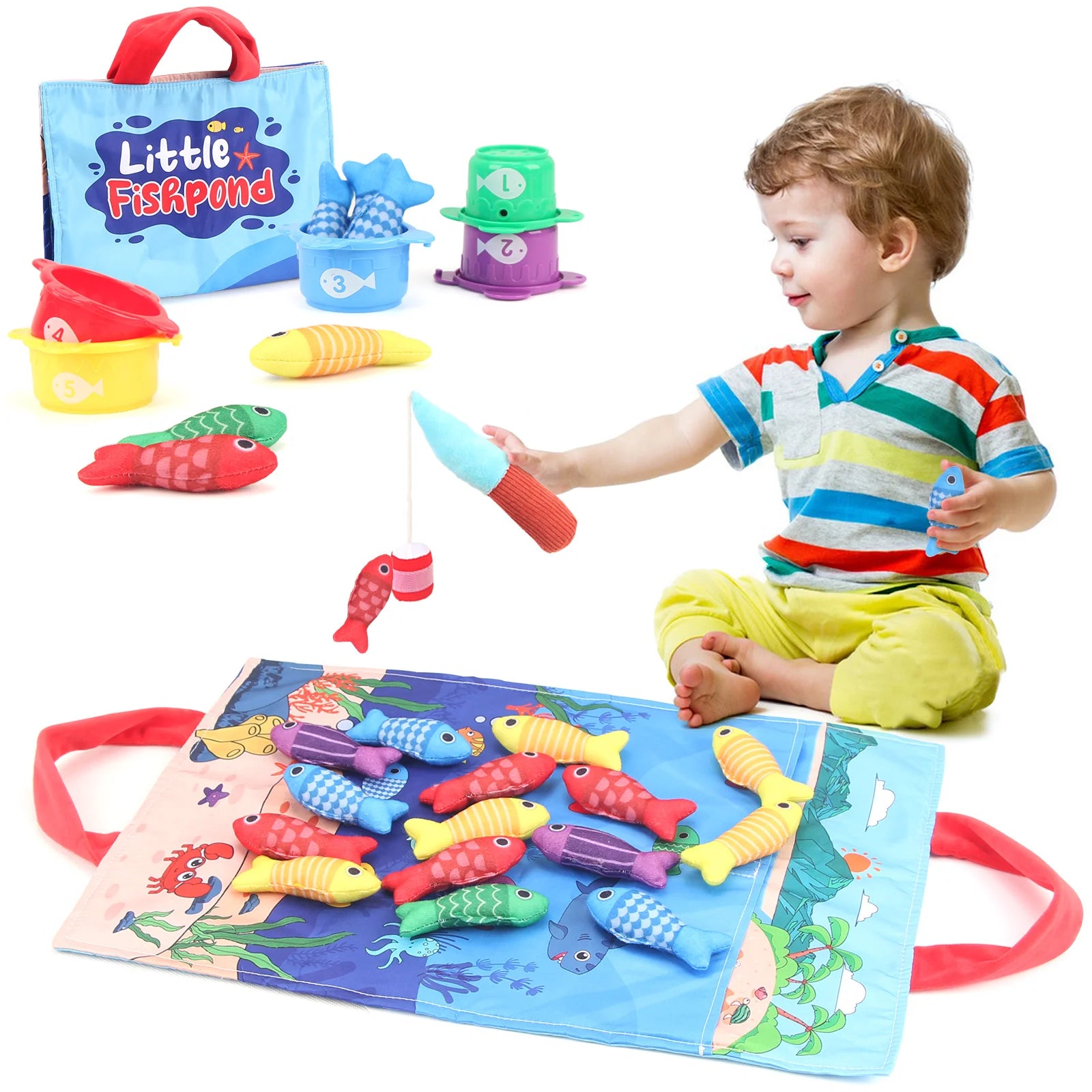 Baby Fishing Toys Plush Little Fishpond Set Simulating Fishing Games Number Color Cognition Fine Motor Training Montessori Toys
