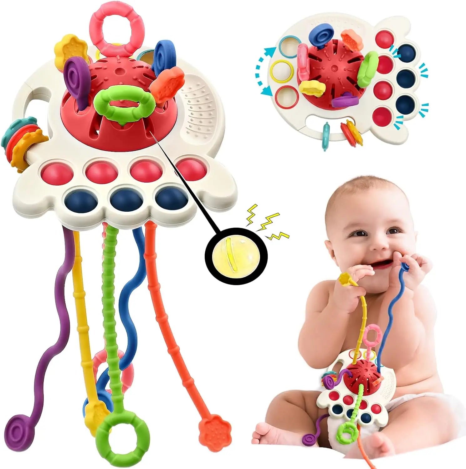 High Quality Soft Diy Stacking Building 3D Rubber Block Rings Pull String Block Baby Teething Toy Silicone Sensory Toys Set