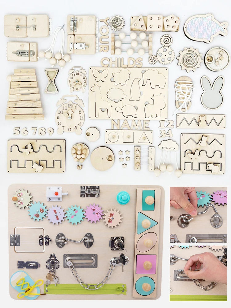 Baby DIY Wooden Montessori Busy Board Parts Busy Board Accessories Slide Alarm Clock Educational Toy Gear for Children Gifts